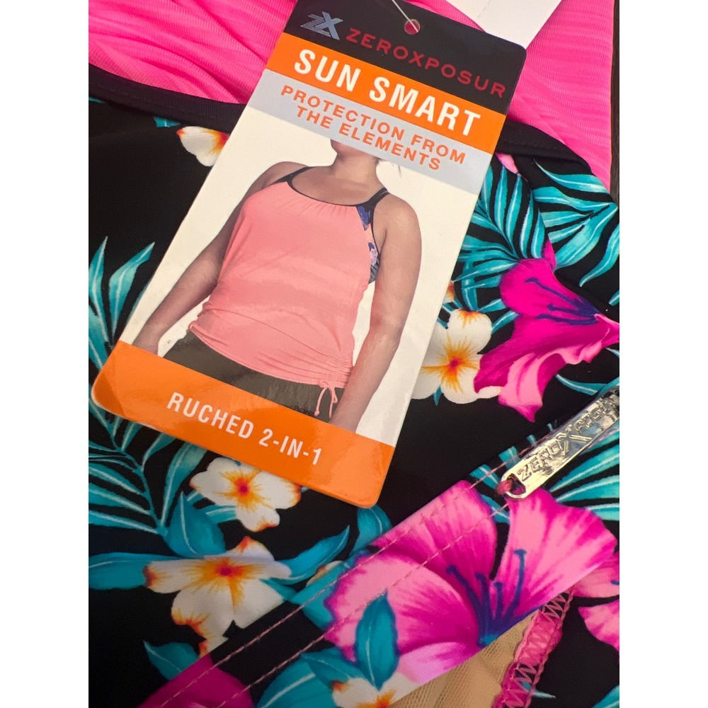 ZeroXposur‎ Women's 2-in-1 Ruched Swim Tankini Top Floral Print Hot Pink Size 2X